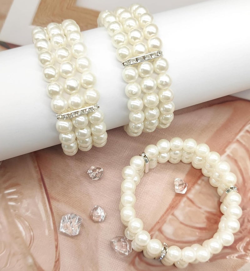 MONAZEO 2-8Pcs 1920s Flapper Imitation Pearl Bracelet 3-Rows Stretch Bracelet Multi-Layered Elastic Bangle Bridal Wedding Jewelry Roaring 20s Accessories Jewelry - Image 4